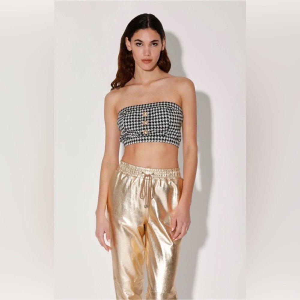 NWT WALTER BAKER Gabby Top Houndstooth Knit Cropped Strapless Gold Button Size S